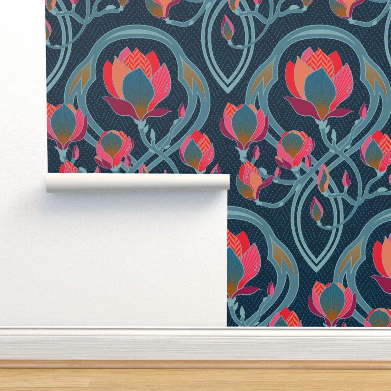 Art Nouveau Floral Magnolia Vintage Inspired Deco Pink Blue Coral Large Scale Flowers Custom Removable Wallpaper by Spoonflower Peel & Stick Wallpaper 2FT Wide